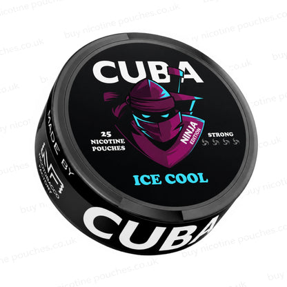 Angled shot of a black nicotine pouch container with CUBA Ninja Edition Ice Cool branding on a white background.