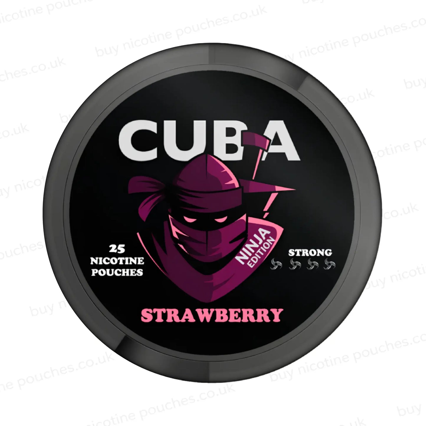 Black nicotine pouch container with pink CUBA Strawberry Ninja Edition branding on a white background.