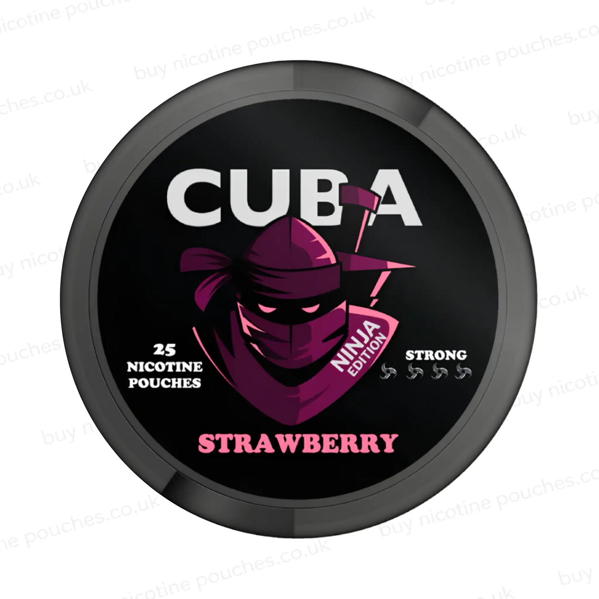 Black nicotine pouch container with pink CUBA Strawberry Ninja Edition branding on a white background.