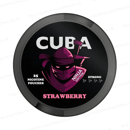 Black nicotine pouch container with pink CUBA Strawberry Ninja Edition branding on a white background.