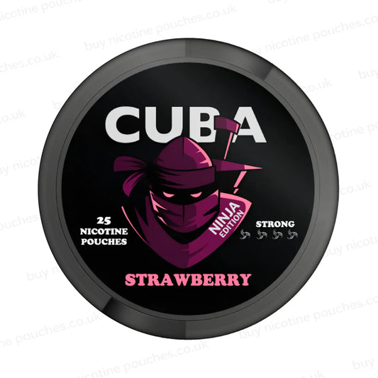 Black nicotine pouch container with pink CUBA Strawberry Ninja Edition branding on a white background.