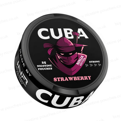 Angled shot of a black nicotine pouch container with pink CUBA Strawberry Ninja Edition branding on a white background.
