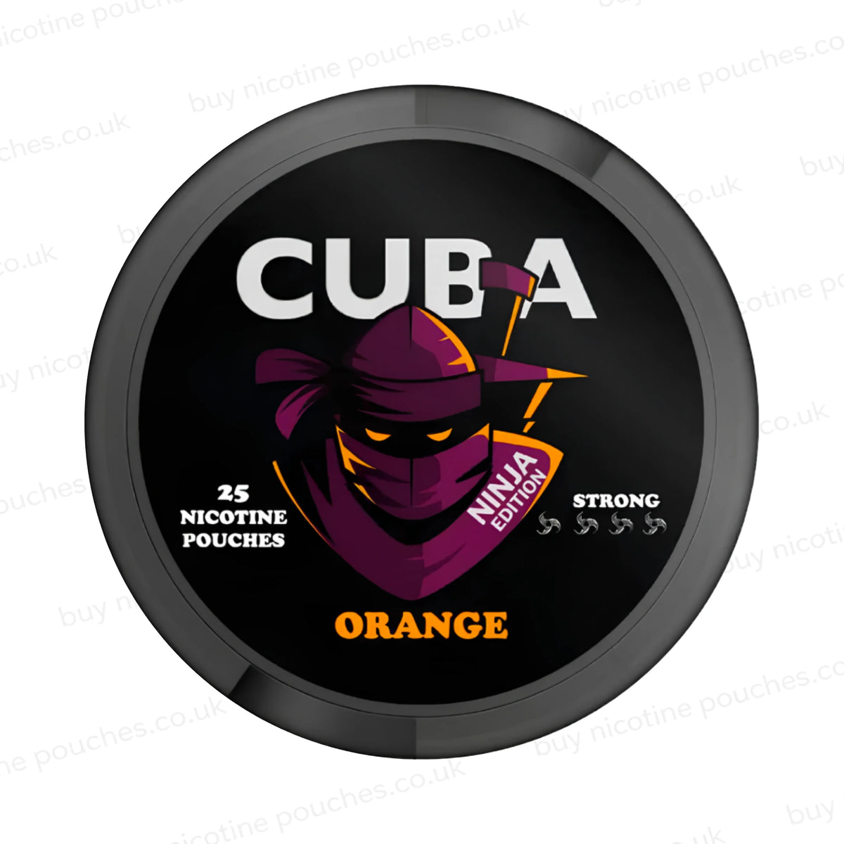 Black nicotine pouch container with CUBA Orange Ninja Edition branding on a white background.