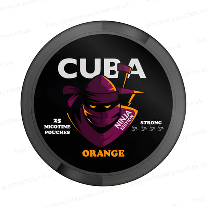 Black nicotine pouch container with CUBA Orange Ninja Edition branding on a white background.