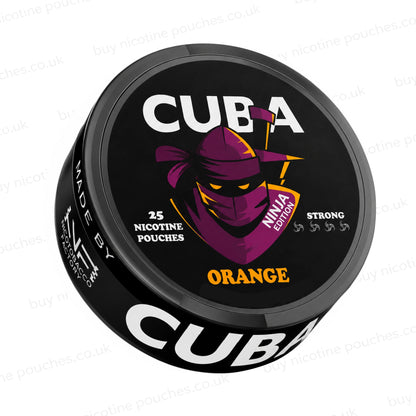 Angled shot of a black nicotine pouch container with CUBA Orange Ninja Edition branding on a white background.