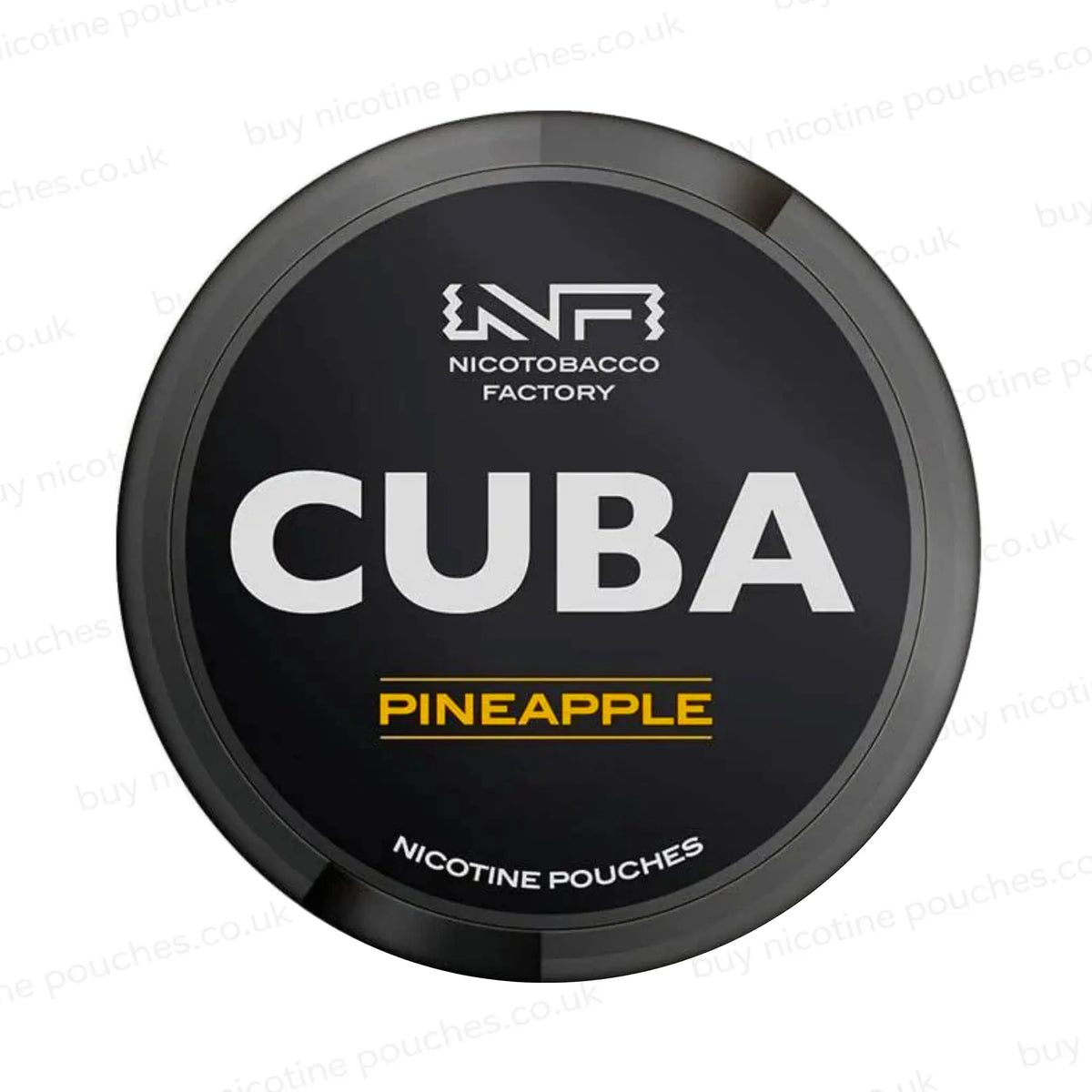 Black nicotine pouch container with CUBA Pineapple branding on a white background.
