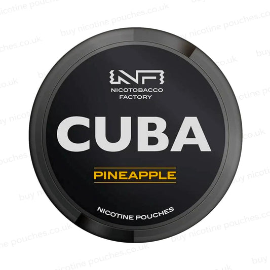 Black nicotine pouch container with CUBA Pineapple branding on a white background.