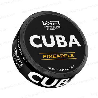 Angled shot of a black nicotine pouch container with CUBA Pineapple branding on a white background.