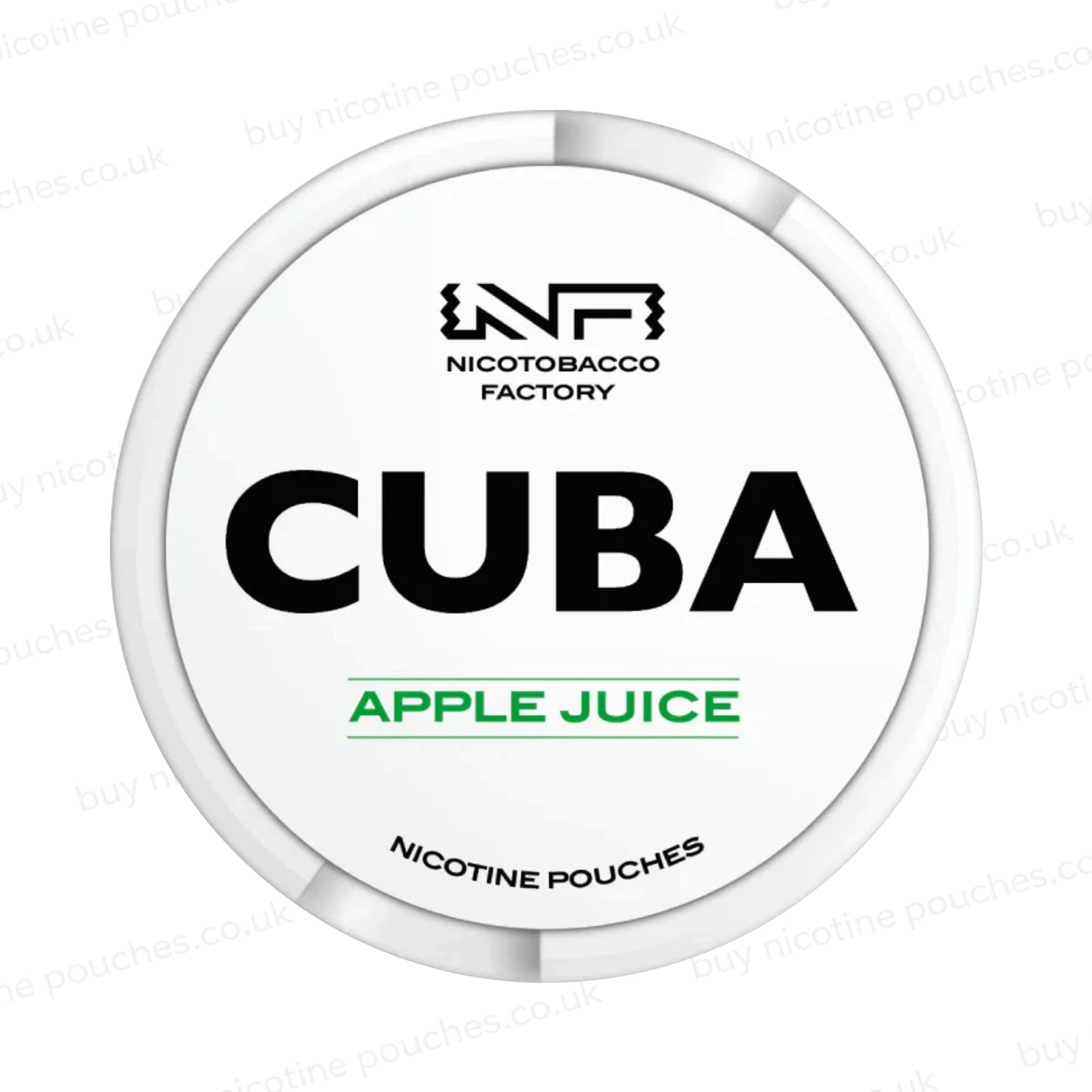 White nicotine pouch container with CUBA Apple Juice branding on a white background.