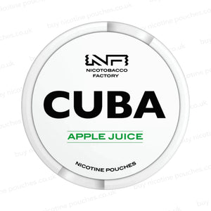 White nicotine pouch container with CUBA Apple Juice branding on a white background.