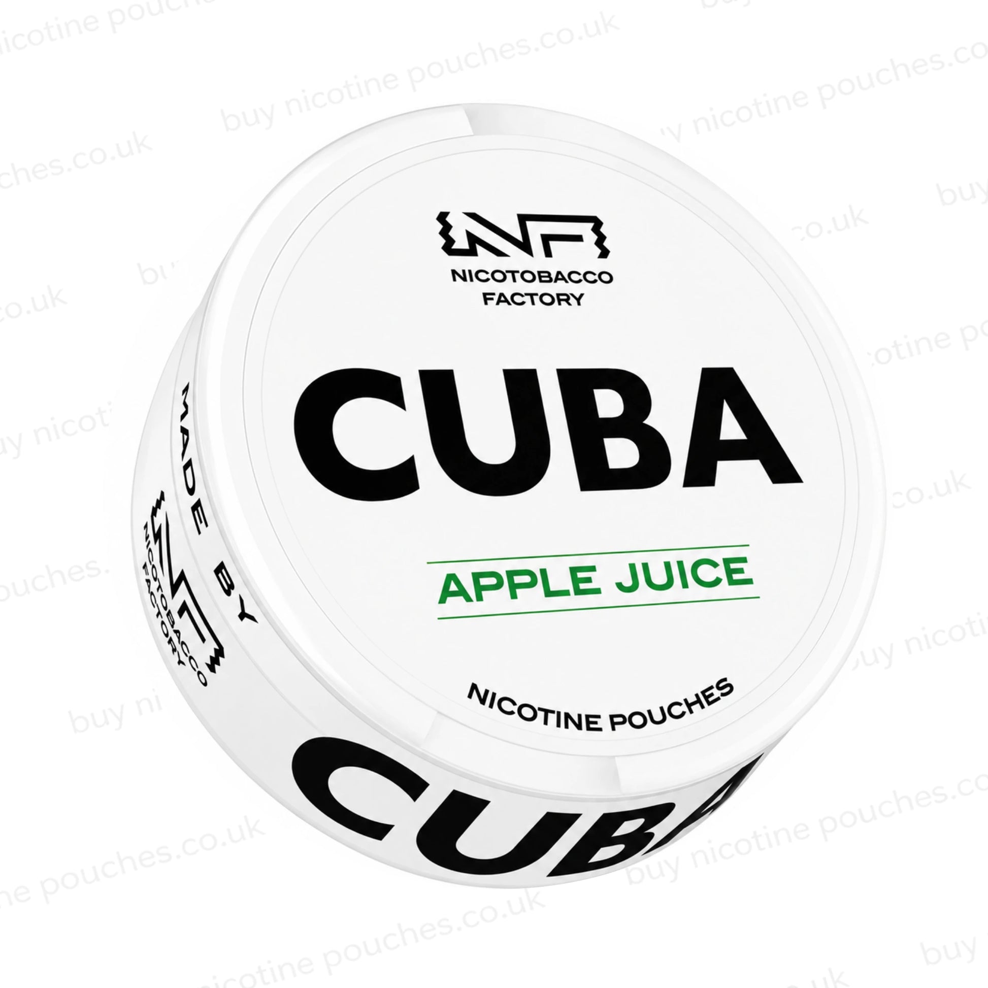 Angled shot of a white nicotine pouch container with CUBA Apple Juice branding on a white background.