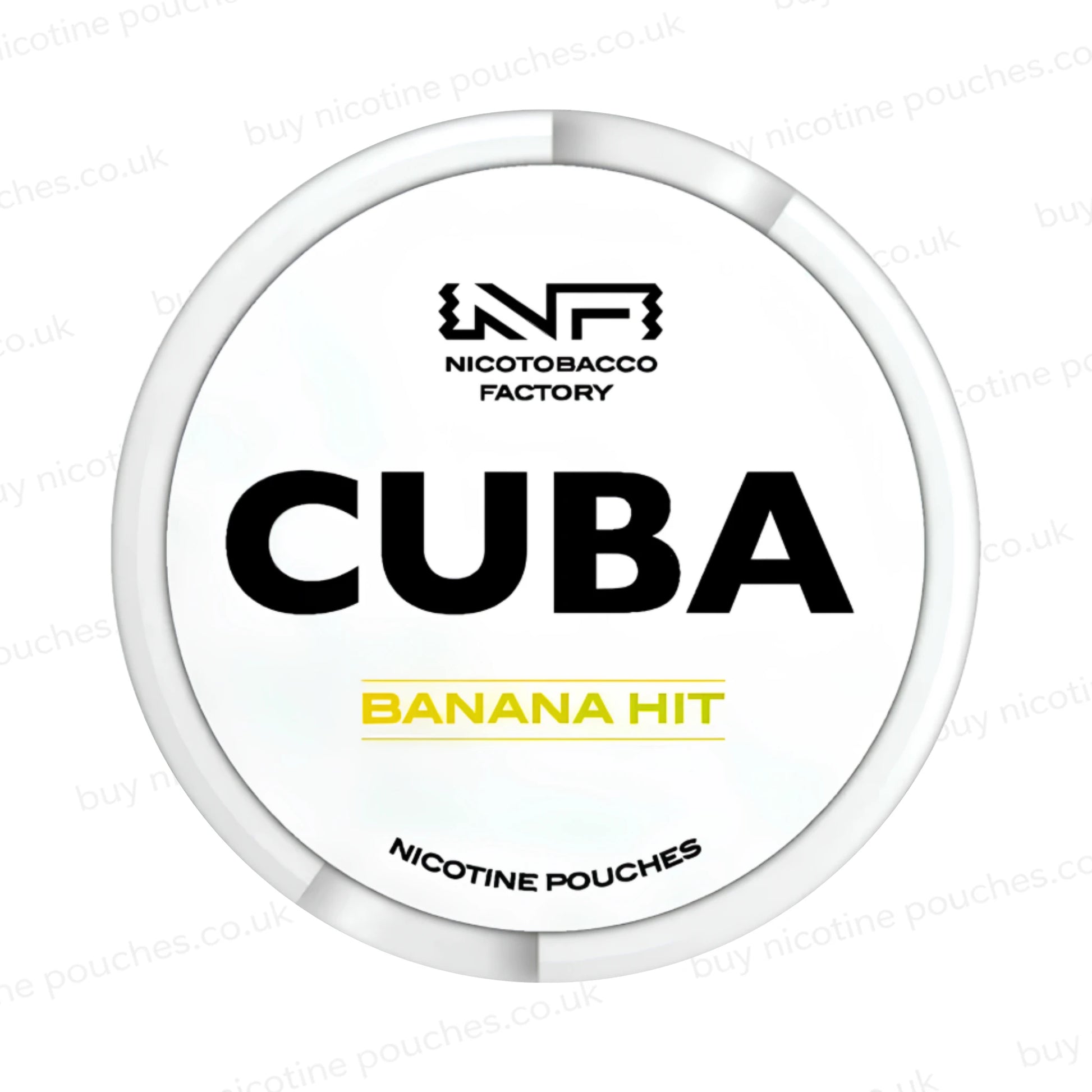 Nicotine pouch container with CUBA Banana Hit branding on a white background.
