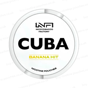 Nicotine pouch container with CUBA Banana Hit branding on a white background.