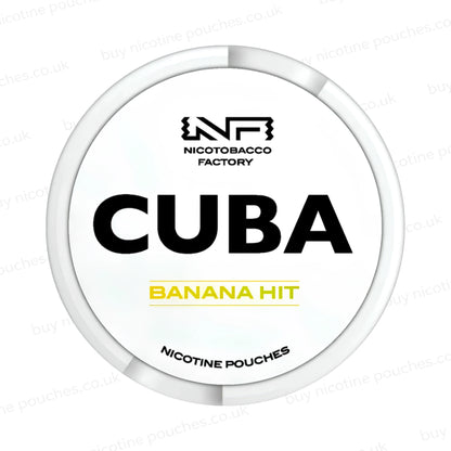 Nicotine pouch container with CUBA Banana Hit branding on a white background.