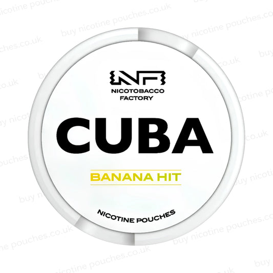 Nicotine pouch container with CUBA Banana Hit branding on a white background.