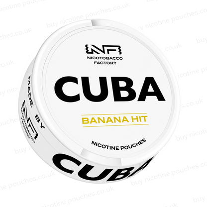 Angled shot of a nicotine pouch container with CUBA Banana Hit branding on a white background.