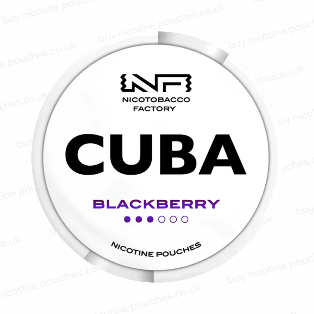 Nicotine pouch tub with CUBA Blackberry branding on a white background