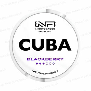 Nicotine pouch tub with CUBA Blackberry branding on a white background