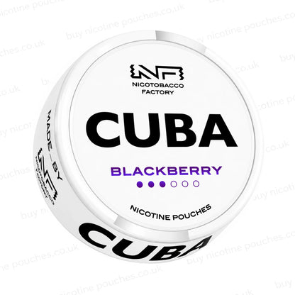 Angled shot of a white nicotine pouch container with CUBA Blackberry branding on a white background.