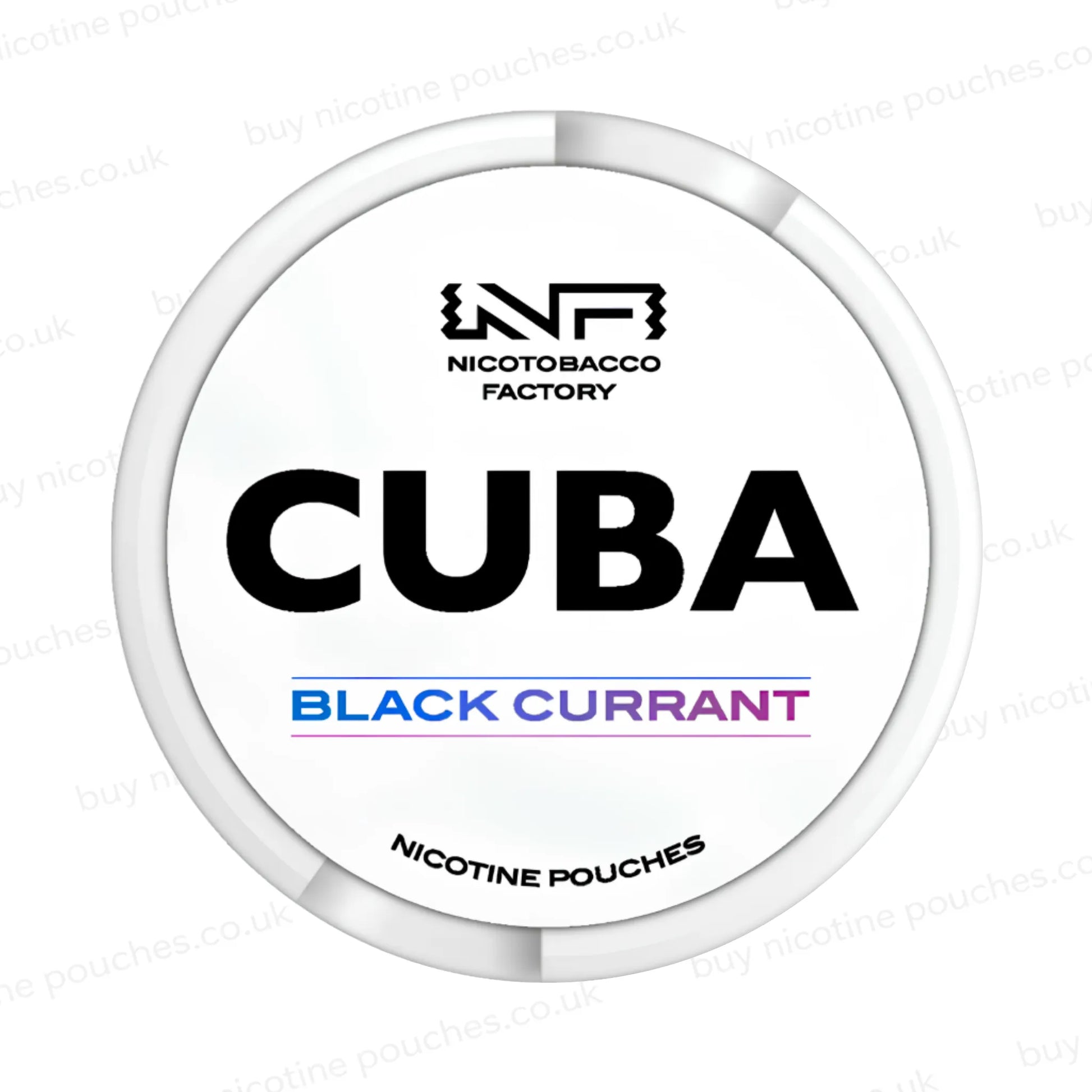 White nicotine pouch container with CUBA Black Currant branding on a white background.