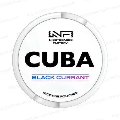White nicotine pouch container with CUBA Black Currant branding on a white background.