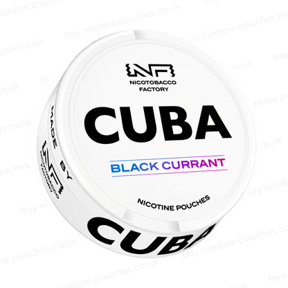 Angled shot of a white nicotine pouch container with CUBA Black Currant branding on a white background.