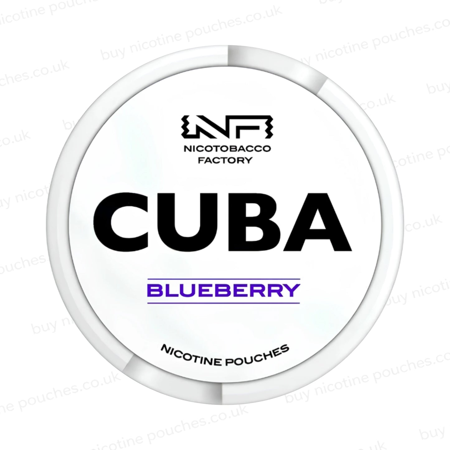 White nicotine pouch container with CUBA Blueberry branding on a white background.