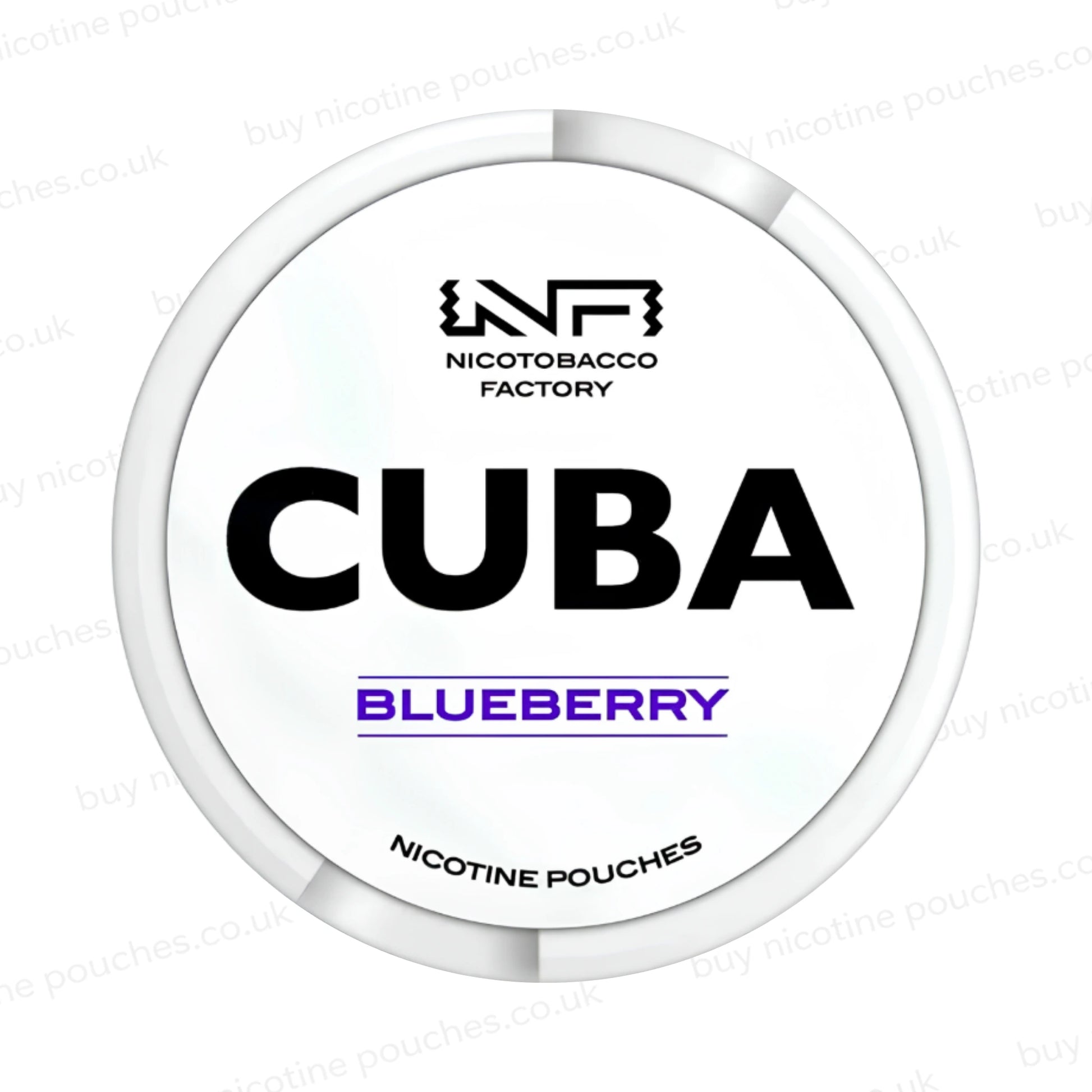 White nicotine pouch container with CUBA Blueberry branding on a white background.