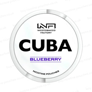 White nicotine pouch container with CUBA Blueberry branding on a white background.