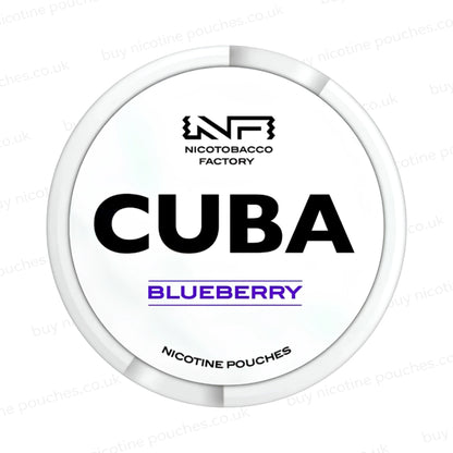 White nicotine pouch container with CUBA Blueberry branding on a white background.