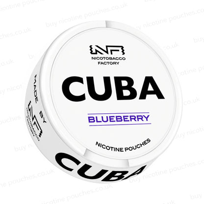 Angled shot of a white nicotine pouch container with CUBA Blueberry branding on a white background.