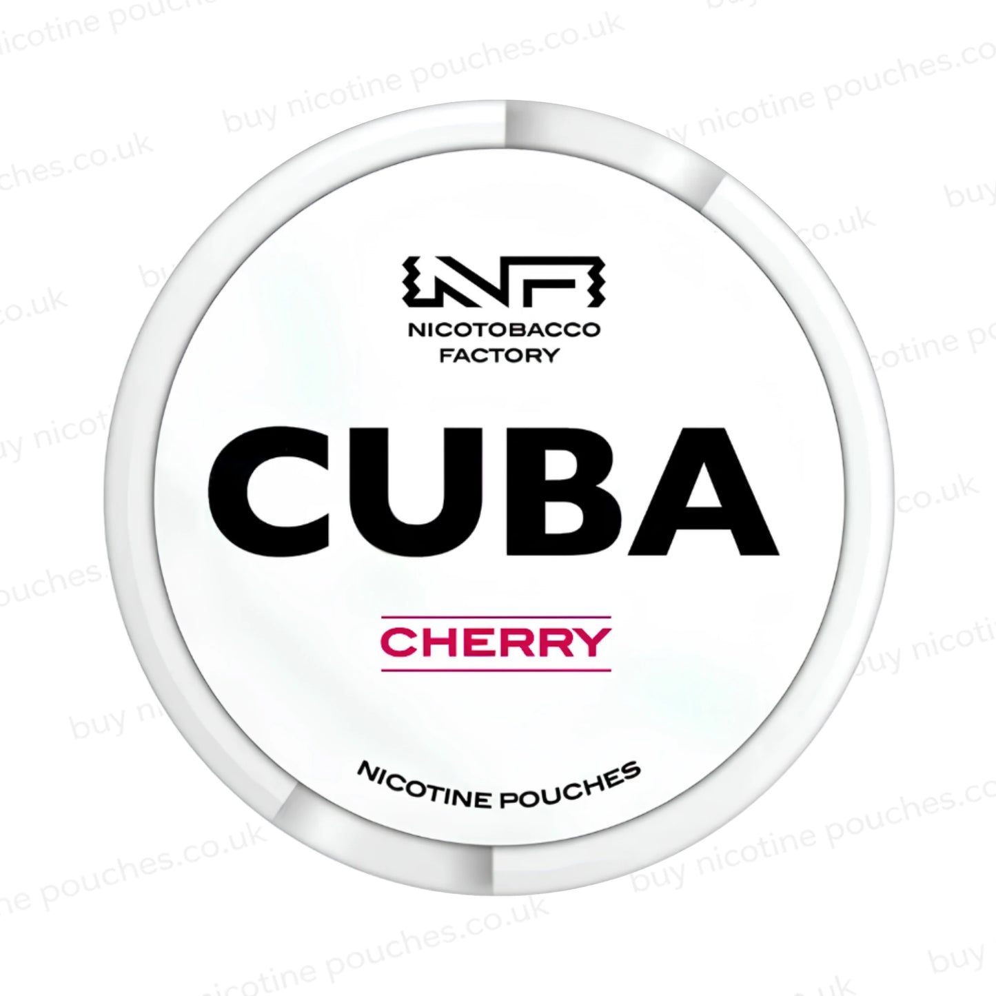 White nicotine pouch container with CUBA Cherry branding on a white background.