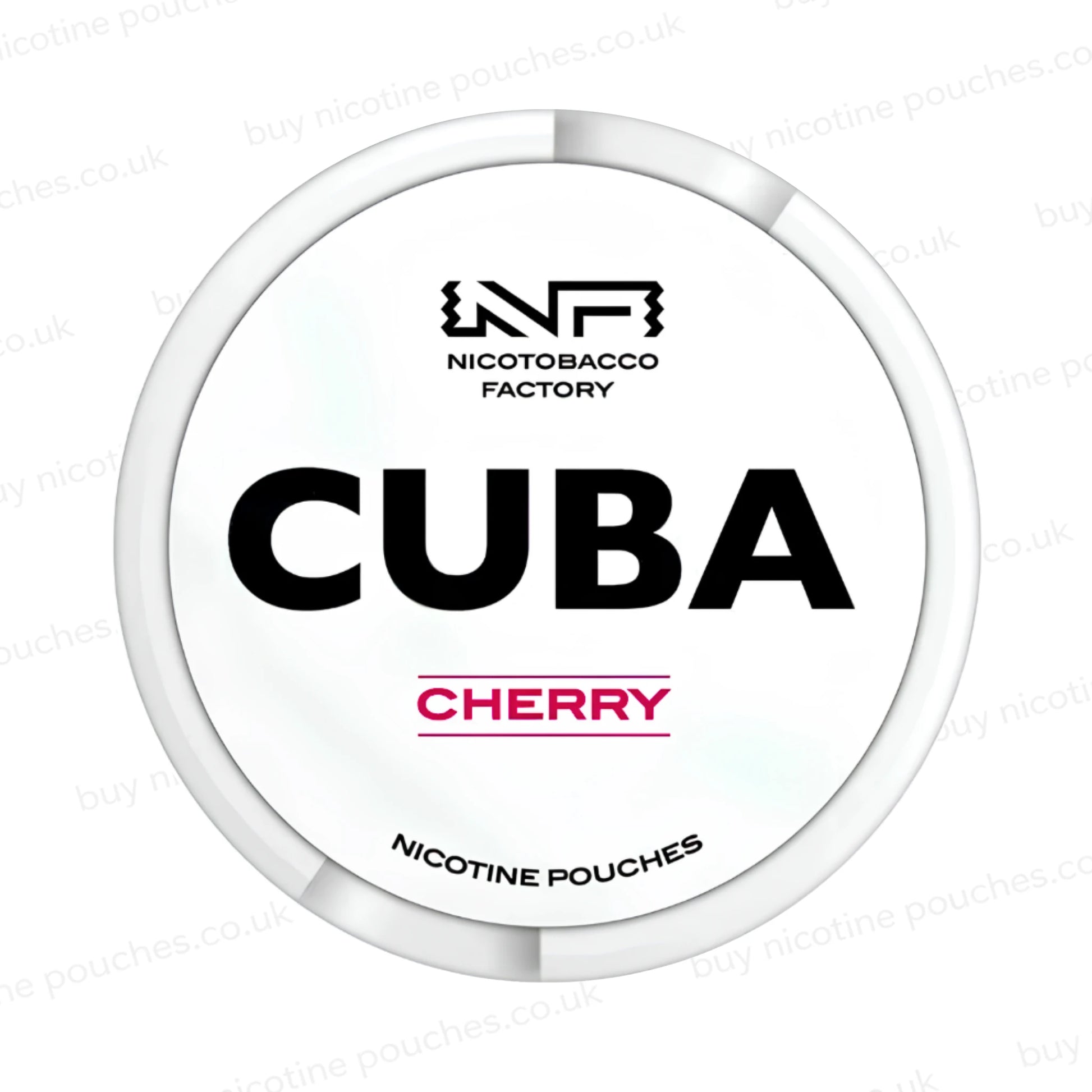 White nicotine pouch container with CUBA Cherry branding on a white background.