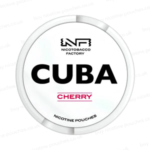 White nicotine pouch container with CUBA Cherry branding on a white background.