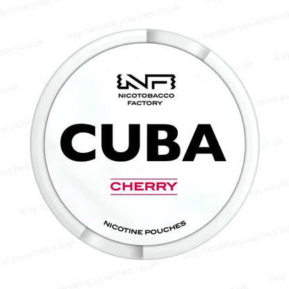 White nicotine pouch container with CUBA Cherry branding on a white background.