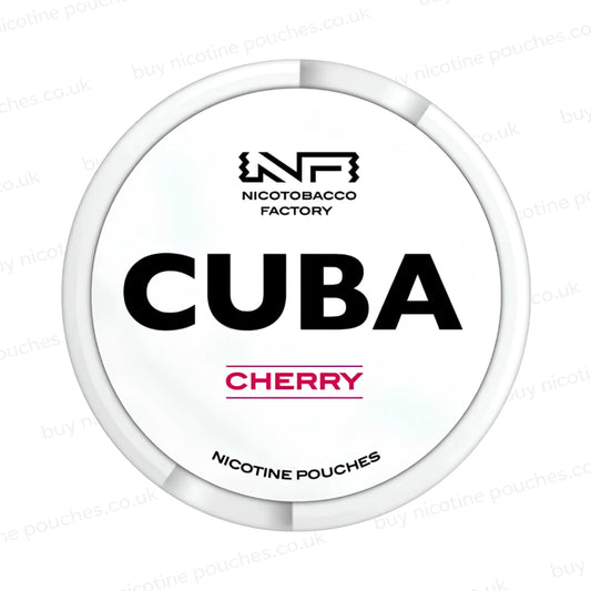 White nicotine pouch container with CUBA Cherry branding on a white background.