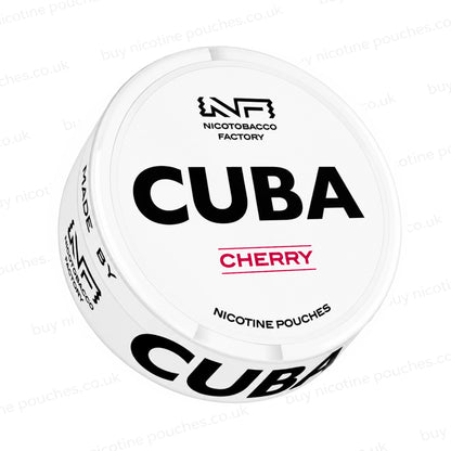 Angled shot of a white nicotine pouch container with CUBA Cherry branding on a white background.