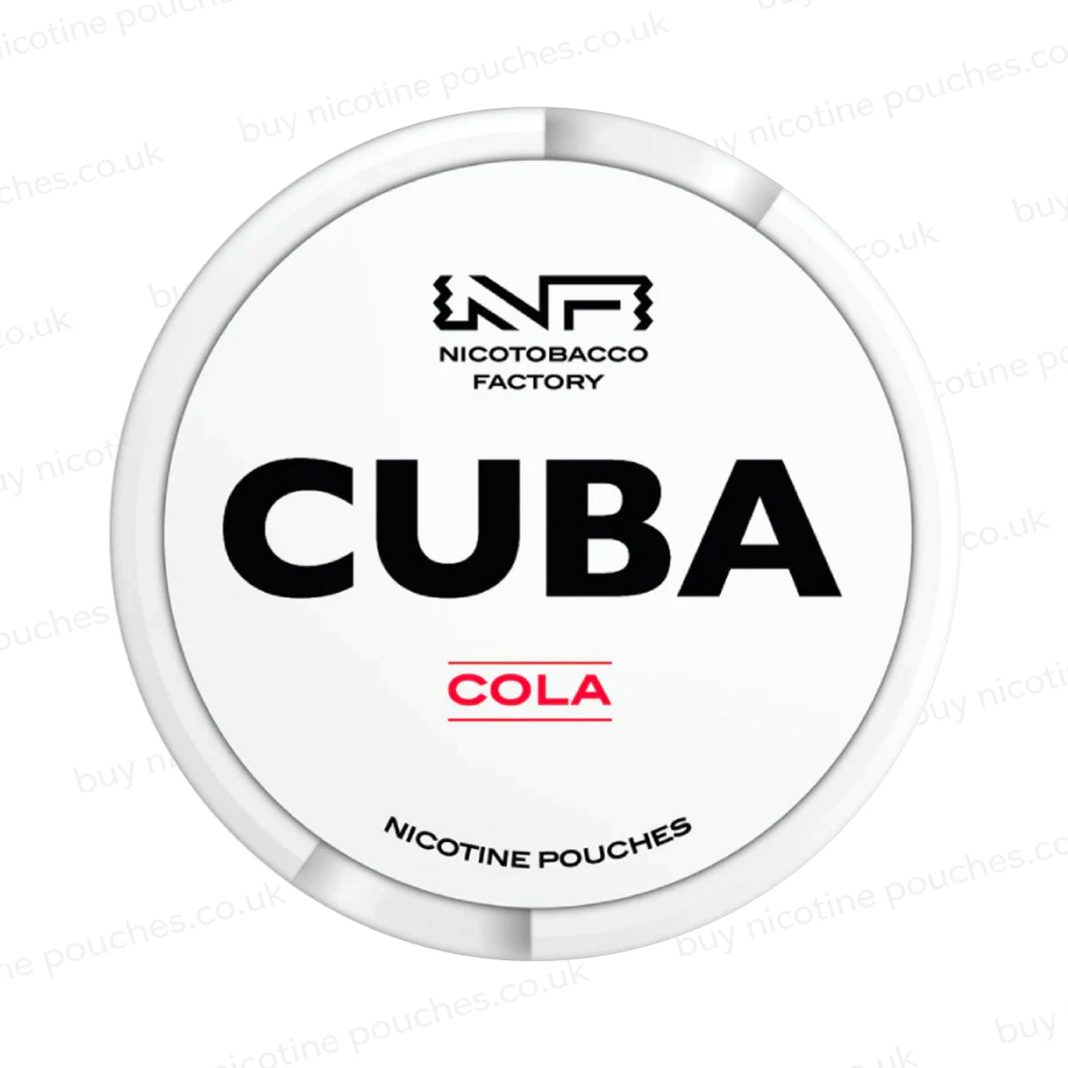White nicotine pouch container with CUBA Cola branding on a white background.