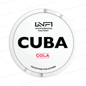 White nicotine pouch container with CUBA Cola branding on a white background.