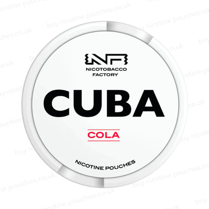 White nicotine pouch container with CUBA Cola branding on a white background.