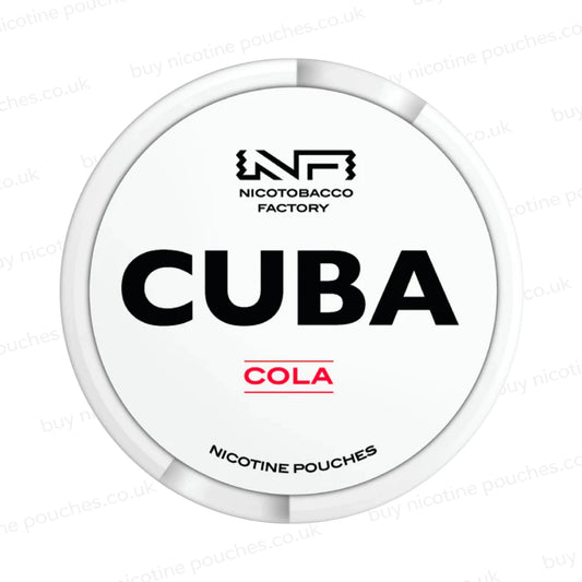White nicotine pouch container with CUBA Cola branding on a white background.