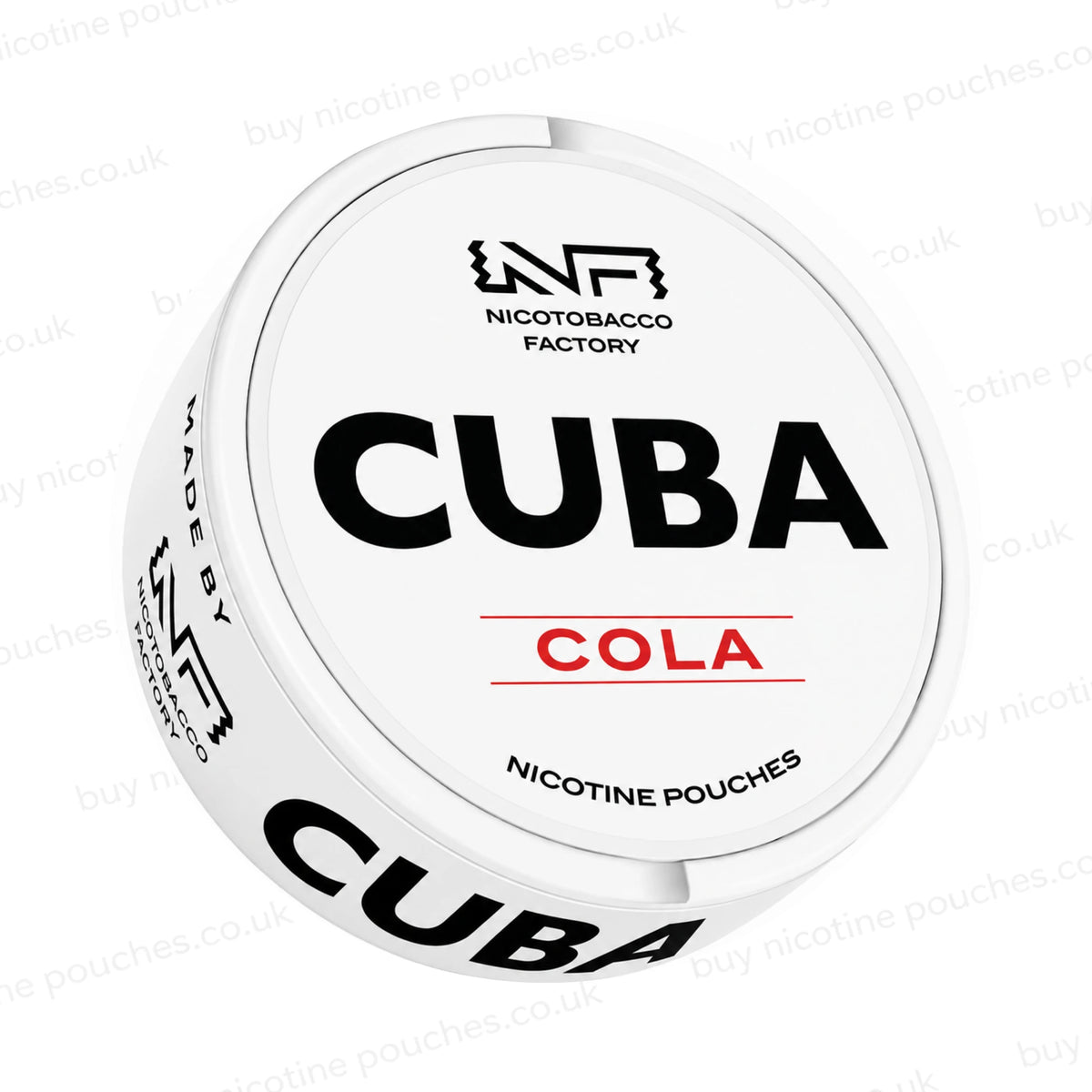 Angled shot of a white nicotine pouch container with CUBA Cola branding on a white background.