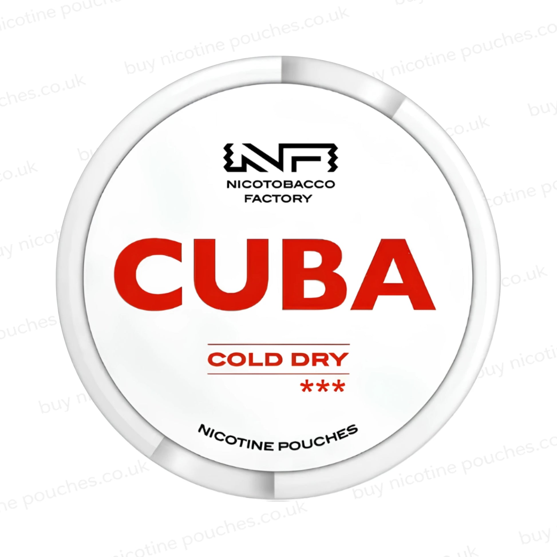 White nicotine pouch container with red CUBA Cold Dry branding on a white background.