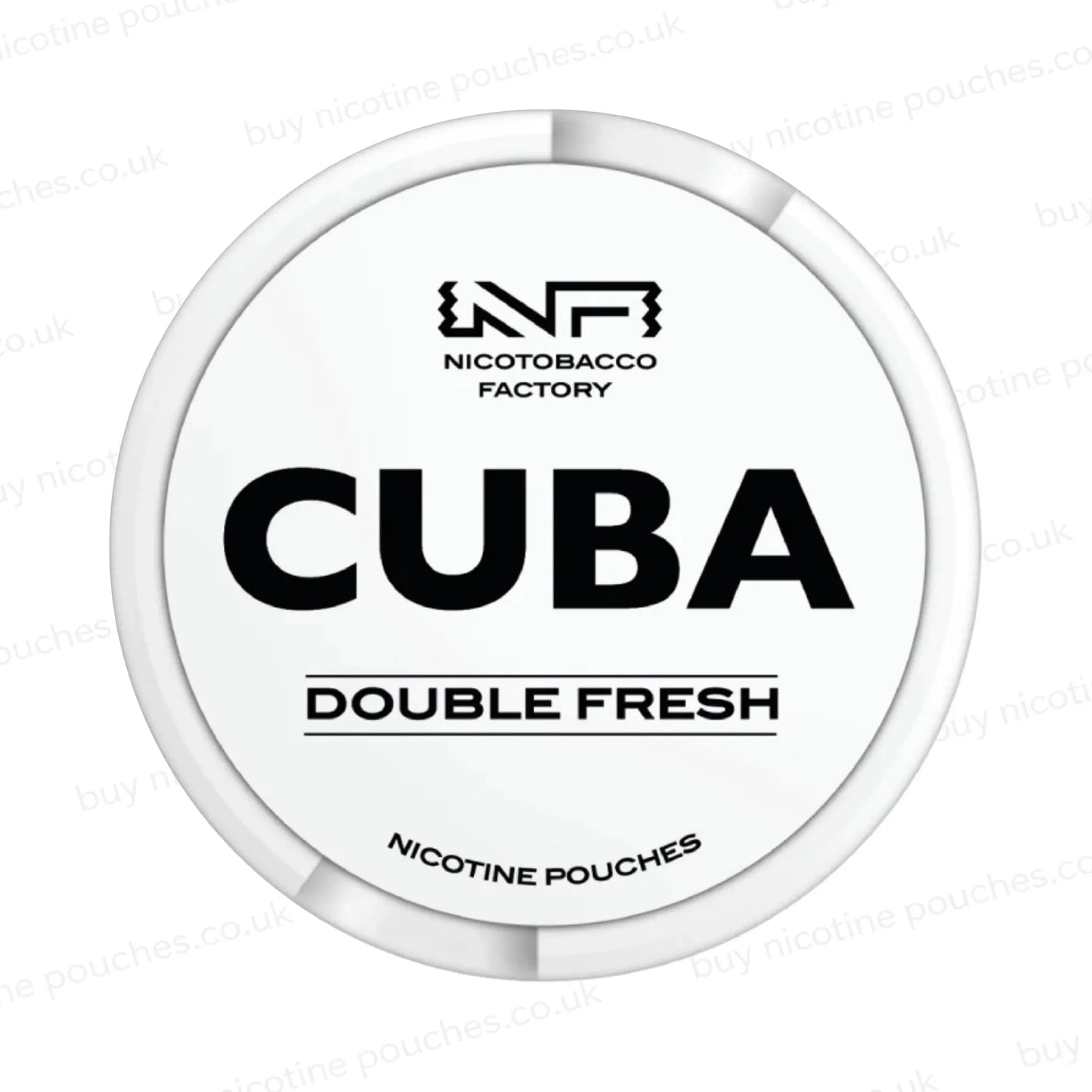 White nicotine pouch container with CUBA Double Fresh branding on a white background.