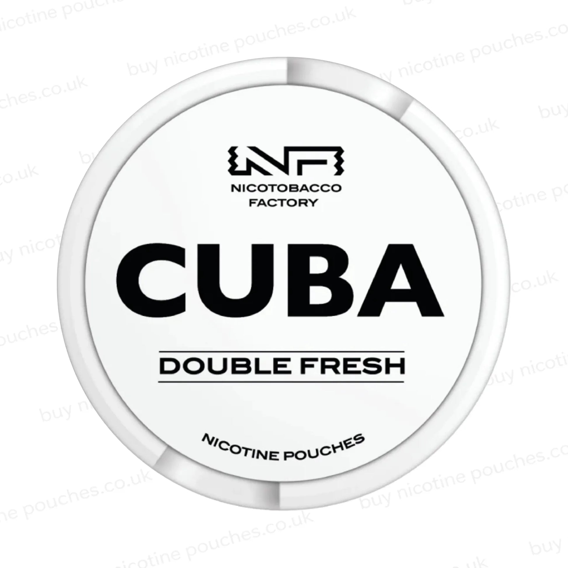 White nicotine pouch container with CUBA Double Fresh branding on a white background.