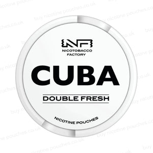 White nicotine pouch container with CUBA Double Fresh branding on a white background.