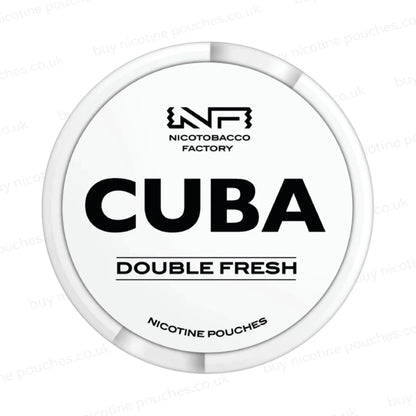 White nicotine pouch container with CUBA Double Fresh branding on a white background.