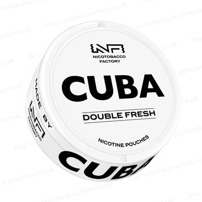 Angled shot of a white nicotine pouch container with CUBA Double Fresh branding on a white background.
