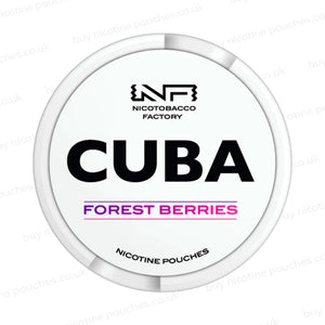 White nicotine pouch container with CUBA Forest Berries branding on a white background.
