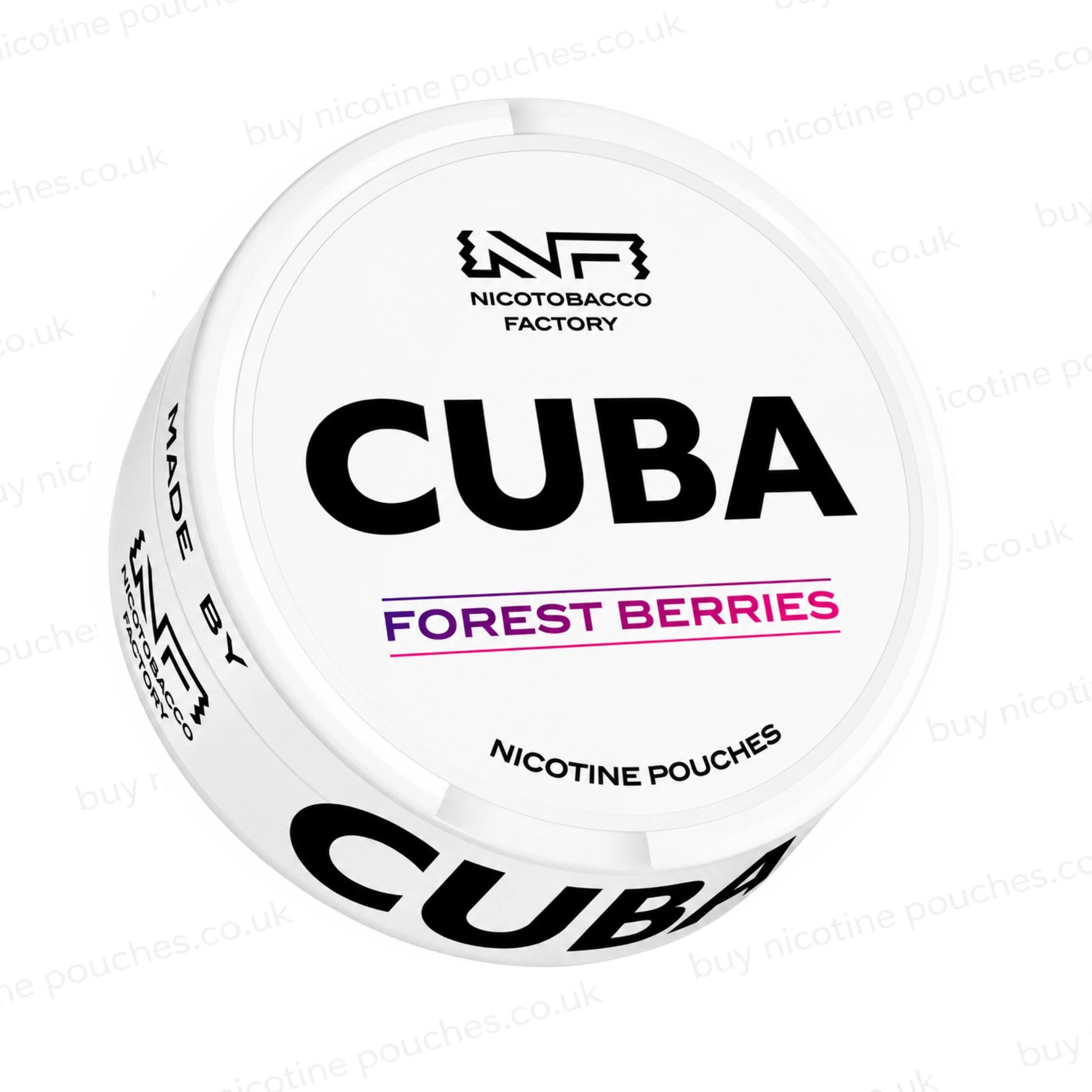 Angled shot of a white nicotine pouch container with CUBA Forest Berries branding on a white background.